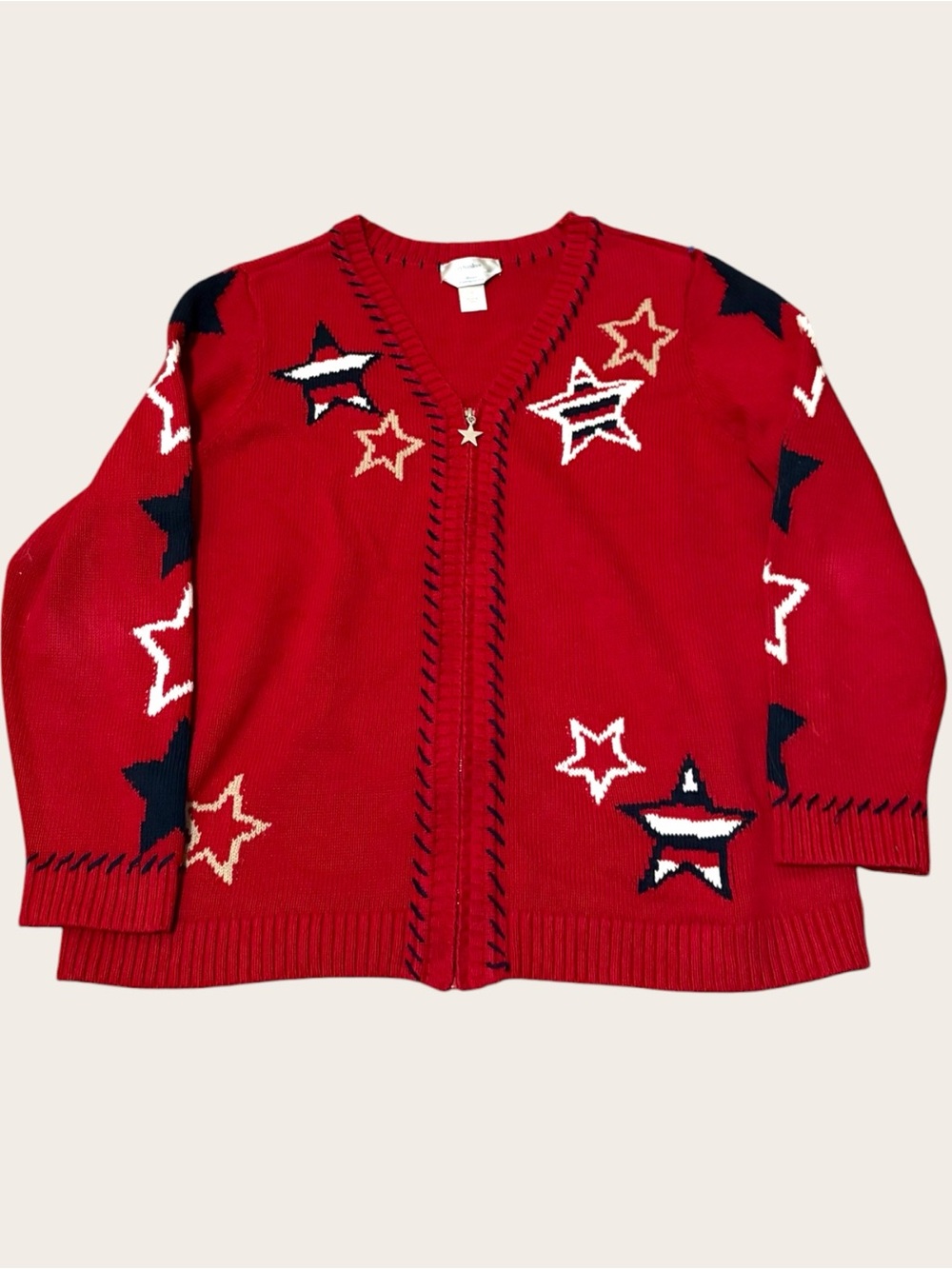 CJ Banks Star Cardigan Women’s 1X Red 100% Cotton Embroidered Zip Up Sweater